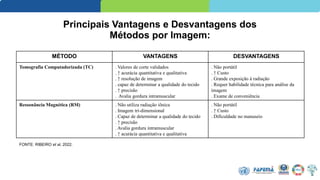 Principais Vantagens e Desvantagens dos
Métodos por Imagem:
MÉTODO VANTAGENS DESVANTAGENS
Tomografia Computadorizada (TC) . Valores de corte validados
. ↑ acurácia quantitativa e qualitativa
. ↑ resolução de imagem
. capaz de determinar a qualidade do tecido
. ↑ precisão
. Avalia gordura intramuscular
. Não portátil
. ↑ Custo
. Grande exposição à radiação
. Requer habilidade técnica para análise da
imagem
. Exame de conveniência
Ressonância Magnética (RM) . Não utiliza radiação iônica
. Imagem tri-dimensional
. Capaz de determinar a qualidade do tecido
. ↑ precisão
. Avalia gordura intramuscular
. ↑ acurácia quantitativa e qualitativa
. Não portátil
. ↑ Custo
. Dificuldade no manuseio
FONTE: RIBEIRO et al, 2022.
 