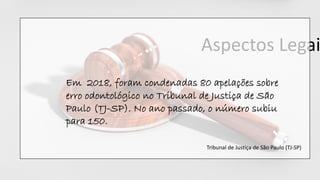 Aspectos Legai
Tribunal de Justiça de São Paulo (TJ-SP)
Em 2018, foram condenadas 80 apelações sobre
erro odontológico no Tribunal de Justiça de São
Paulo (TJ-SP). No ano passado, o número subiu
para 150.
 