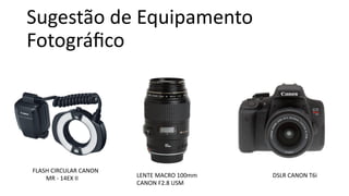 Sugestão de Equipamento
Fotográﬁco
FLASH CIRCULAR CANON
MR - 14EX II LENTE MACRO 100mm
CANON F2.8 USM
DSLR CANON T6i
 