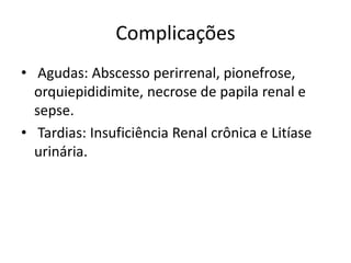 Complicações
• Agudas: Abscesso perirrenal, pionefrose,
  orquiepididimite, necrose de papila renal e
  sepse.
• Tardias: Insuficiência Renal crônica e Litíase
  urinária.
 