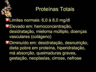 Proteínas Totais Limites normais: 6,0 à 8,0 mg/dl Elevado em: hemoconcentração, desidratação, mieloma múltiplo, doenças vasculares (colágeno) Diminuído em: desidratação, desnutrição, dieta pobre em proteína, hiperidratação, má absorção, queimaduras graves, gestação, neoplasias, cirrose, nefrose 