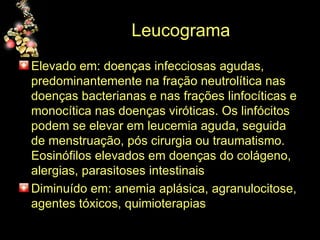 Leucograma  Elevado em: doenças infecciosas agudas, predominantemente na fração neutrolítica nas doenças bacterianas e nas frações linfocíticas e monocítica nas doenças viróticas. Os linfócitos podem se elevar em leucemia aguda, seguida de menstruação, pós cirurgia ou traumatismo. Eosinófilos elevados em doenças do colágeno, alergias, parasitoses intestinais Diminuído em: anemia aplásica, agranulocitose, agentes tóxicos, quimioterapias 