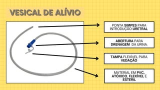 MATERIAL EM PVC,
ATÓXICO, FLEXÍVEL E
ESTÉRIL
PONTA SIMPES PARA
INTRODUÇÃO URETRAL
ABERTURA PARA
DRENAGEM DA URINA.
TAMPA FLEXÍVEL PARA
VEDAÇÃO
VESICAL DE ALÍVIO
VESICAL DE ALÍVIO
VESICAL DE ALÍVIO
 