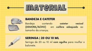 material
material
Bandeja contendo cateter vesical
(DEMORA/ALÍVIO) em calibre adequado ao
tamanho da criança;
BANDEJA E CATETER
Seringa de 20 ou 10 ml com agulha para insuflar o
balonete.
SERINGA | 20 OU 10 ML
 