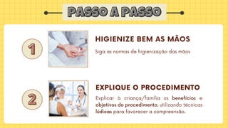 passo a passo
passo a passo
1
1
2
2
HIGIENIZE BEM AS MÃOS
EXPLIQUE O PROCEDIMENTO
Siga as normas de higienização das mãos
Explicar à criança/família os benefícios e
objetivos do procedimento, utilizando técnicas
lúdicas para favorecer a compreensão.
 