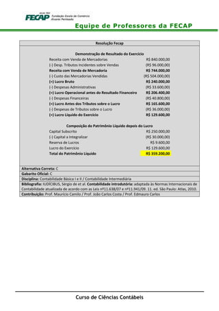 Equipe de Professores da FECAP
Curso de Ciências Contábeis
Resolução Fecap
Demonstração de Resultado do Exercício
Receita com Venda de Mercadorias R$ 840.000,00
(-) Desp. Tributos Incidentes sobre Vendas (R$ 96.000,00)
Receita com Venda de Mercadoria R$ 744.000,00
(-) Custo das Mercadorias Vendidas (R$ 504.000,00)
(=) Lucro Bruto R$ 240.000,00
(-) Despesas Administrativas (R$ 33.600,00)
(=) Lucro Operacional antes do Resultado Financeiro R$ 206.400,00
(-) Despesas Financeiras (R$ 40.800,00)
(=) Lucro Antes dos Tributos sobre o Lucro R$ 165.600,00
(-) Despesas de Tributos sobre o Lucro (R$ 36.000,00)
(=) Lucro Líquido do Exercício R$ 129.600,00
Composição do Patrimônio Líquido depois do Lucro
Capital Subscrito R$ 250.000,00
(-) Capital a Integralizar (R$ 30.000,00)
Reserva de Lucros R$ 9.600,00
Lucro do Exercício R$ 129.600,00
Total do Patrimônio Líquido R$ 359.200,00
Alternativa Correta: C
Gabarito Oficial: C
Disciplina: Contabilidade Básica I e II / Contabilidade Intermediária
Bibliografia: IUDÍCIBUS, Sérgio de et al. Contabilidade introdutória: adaptada às Normas Internacionais de
Contabilidade atualizada de acordo com as Leis nº11.638/07 e nº11.941/09. 11. ed. São Paulo: Atlas, 2010.
Contribuição: Prof. Maurício Camilo / Prof. João Carlos Costa / Prof. Edmauro Carlos
 