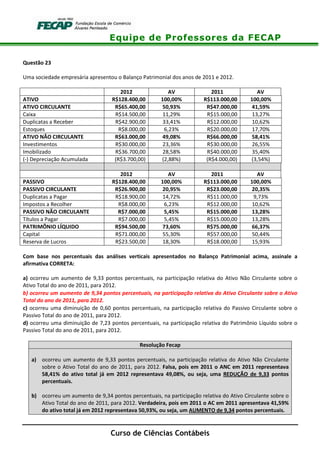 Equipe de Professores da FECAP
Curso de Ciências Contábeis
Questão 23
Uma sociedade empresária apresentou o Balanço Patrimonial dos anos de 2011 e 2012.
2012 AV 2011 AV
ATIVO R$128.400,00 100,00% R$113.000,00 100,00%
ATIVO CIRCULANTE R$65.400,00 50,93% R$47.000,00 41,59%
Caixa R$14.500,00 11,29% R$15.000,00 13,27%
Duplicatas a Receber R$42.900,00 33,41% R$12.000,00 10,62%
Estoques R$8.000,00 6,23% R$20.000,00 17,70%
ATIVO NÃO CIRCULANTE R$63.000,00 49,08% R$66.000,00 58,41%
Investimentos R$30.000,00 23,36% R$30.000,00 26,55%
Imobilizado R$36.700,00 28,58% R$40.000,00 35,40%
(-) Depreciação Acumulada (R$3.700,00) (2,88%) (R$4.000,00) (3,54%)
2012 AV 2011 AV
PASSIVO R$128.400,00 100,00% R$113.000,00 100,00%
PASSIVO CIRCULANTE R$26.900,00 20,95% R$23.000,00 20,35%
Duplicatas a Pagar R$18.900,00 14,72% R$11.000,00 9,73%
Impostos a Recolher R$8.000,00 6,23% R$12.000,00 10,62%
PASSIVO NÃO CIRCULANTE R$7.000,00 5,45% R$15.000,00 13,28%
Títulos a Pagar R$7.000,00 5,45% R$15.000,00 13,28%
PATRIMÔNIO LÍQUIDO R$94.500,00 73,60% R$75.000,00 66,37%
Capital R$71.000,00 55,30% R$57.000,00 50,44%
Reserva de Lucros R$23.500,00 18,30% R$18.000,00 15,93%
Com base nos percentuais das análises verticais apresentados no Balanço Patrimonial acima, assinale a
afirmativa CORRETA:
a) ocorreu um aumento de 9,33 pontos percentuais, na participação relativa do Ativo Não Circulante sobre o
Ativo Total do ano de 2011, para 2012.
b) ocorreu um aumento de 9,34 pontos percentuais, na participação relativa do Ativo Circulante sobre o Ativo
Total do ano de 2011, para 2012.
c) ocorreu uma diminuição de 0,60 pontos percentuais, na participação relativa do Passivo Circulante sobre o
Passivo Total do ano de 2011, para 2012.
d) ocorreu uma diminuição de 7,23 pontos percentuais, na participação relativa do Patrimônio Líquido sobre o
Passivo Total do ano de 2011, para 2012.
Resolução Fecap
a) ocorreu um aumento de 9,33 pontos percentuais, na participação relativa do Ativo Não Circulante
sobre o Ativo Total do ano de 2011, para 2012. Falsa, pois em 2011 o ANC em 2011 representava
58,41% do ativo total já em 2012 representava 49,08%, ou seja, uma REDUÇÃO de 9,33 pontos
percentuais.
b) ocorreu um aumento de 9,34 pontos percentuais, na participação relativa do Ativo Circulante sobre o
Ativo Total do ano de 2011, para 2012. Verdadeira, pois em 2011 o AC em 2011 apresentava 41,59%
do ativo total já em 2012 representava 50,93%, ou seja, um AUMENTO de 9,34 pontos percentuais.
 