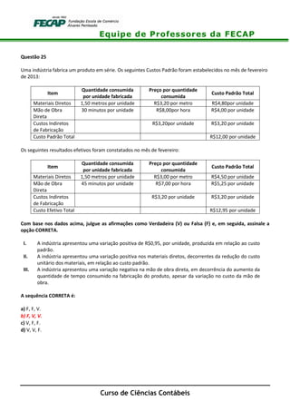 Equipe de Professores da FECAP
Curso de Ciências Contábeis
Questão 25
Uma indústria fabrica um produto em série. Os seguintes Custos Padrão foram estabelecidos no mês de fevereiro
de 2013:
Item
Quantidade consumida
por unidade fabricada
Preço por quantidade
consumida
Custo Padrão Total
Materiais Diretos 1,50 metros por unidade R$3,20 por metro R$4,80por unidade
Mão de Obra
Direta
30 minutos por unidade R$8,00por hora R$4,00 por unidade
Custos Indiretos
de Fabricação
R$3,20por unidade R$3,20 por unidade
Custo Padrão Total R$12,00 por unidade
Os seguintes resultados efetivos foram constatados no mês de fevereiro:
Item
Quantidade consumida
por unidade fabricada
Preço por quantidade
consumida
Custo Padrão Total
Materiais Diretos 1,50 metros por unidade R$3,00 por metro R$4,50 por unidade
Mão de Obra
Direta
45 minutos por unidade R$7,00 por hora R$5,25 por unidade
Custos Indiretos
de Fabricação
R$3,20 por unidade R$3,20 por unidade
Custo Efetivo Total R$12,95 por unidade
Com base nos dados acima, julgue as afirmações como Verdadeira (V) ou Falsa (F) e, em seguida, assinale a
opção CORRETA.
I. A indústria apresentou uma variação positiva de R$0,95, por unidade, produzida em relação ao custo
padrão.
II. A indústria apresentou uma variação positiva nos materiais diretos, decorrentes da redução do custo
unitário dos materiais, em relação ao custo padrão.
III. A indústria apresentou uma variação negativa na mão de obra direta, em decorrência do aumento da
quantidade de tempo consumido na fabricação do produto, apesar da variação no custo da mão de
obra.
A sequência CORRETA é:
a) F, F, V.
b) F, V, V.
c) V, F, F.
d) V, V, F.
 
