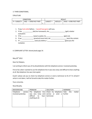 3. THIRD CONDITIONAL. 
STRUCTURE 
CONDITION 
RESULT 
IF + SUBJECT+ 
HAD + VERB PAST PART 
, 
SUBJECT + 
WOULD + 
HAVE + VERB PAST PART. 
1. If you had called before ; I would have gone with you. 
2. If she ____________ (do) her homework, she ___________________ (get) a better evaluation. 
3. If he ______________ (wear) a jacket, he _____________________ (get) sick. 
4. If we ______________ (practice) more time, we ___________________ (win) the contest. 
5. If I _________________ (see) you before, I _____________________ (give) you the invitation. 
4. COMPLAINT LETTER. Activity book page 14. 
May 20th 2012 
Dear Sir/ Madam, 
I am writing to inform you of my dissatisfaction with the telephone service I received yesterday. 
First of all, when I wanted to use the telephone line it was very noisy and difficult to hear anything at all. My telephone line was interrupted. 
Could I please ask you to check my telephone service or send a technician to fix it? I’m afraid if action is not taken, I will be forced to take this matter further. 
Yours sincerely, 
Rose Murphy. 
BACKGROUND 
PROBLEM 
SOLUTION 
WARNING 
Telephone service received yesterday 
The telephone line was very noisy and difficult to hear anything at all. 
Check my telephone service or send a technician 
Take this matter further  