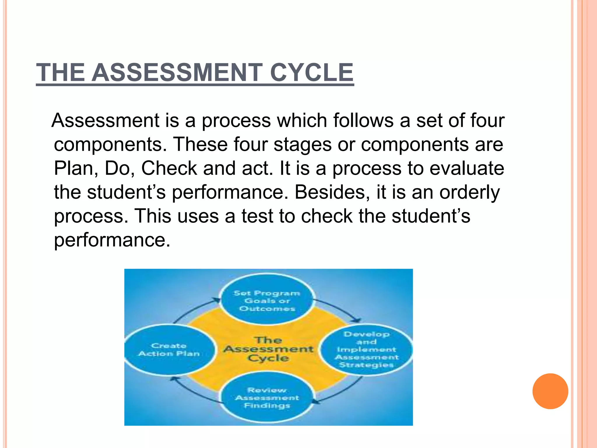 THE ASSESSMENT CYCLE
Assessment is a process which follows a set of four
components. These four stages or components are
Plan, Do, Check and act. It is a process to evaluate
the student’s performance. Besides, it is an orderly
process. This uses a test to check the student’s
performance.
 