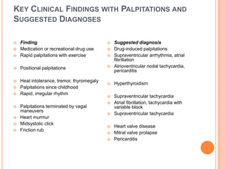KEY CLINICAL FINDINGS WITH PALPITATIONS AND
SUGGESTED DIAGNOSES

   Finding                                    Suggested diagnosis
   Medication or recreational drug use        Drug-induced palpitations
   Rapid palpitations with exercise           Supraventricular arrhythmia, atrial
                                                fibrillation
   Positional palpitations                    Atrioventricular nodal tachycardia,
                                                pericarditis

   Heat intolerance, tremor, thyromegaly
                                               Hyperthyroidism
   Palpitations since childhood
   Rapid, irregular rhythm
                                               Supraventricular tachycardia
                                               Atrial fibrillation, tachycardia with
   Palpitations terminated by vagal            variable block
    maneuvers
                                               Supraventricular tachycardia
   Heart murmur
   Midsystolic click
                                               Heart valve disease
   Friction rub
                                               Mitral valve prolapse
                                               Pericarditis
 