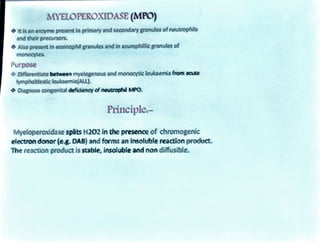 MYELOPEROXIDASE (MPO)
tisan enzyme presentin primaryandsecondarygranulesofneutrophils
and theirprecursors
Also present in eosinophl granules and in azurophillicgranulesof
monocytes
Purpose
Differentiate betweenmyelogencus and monacyticleulaemia from acute
lymphoblastic leukaemia(ALL}.
Olagnose congenitaldefidencyofneutrophil MPO.
Principle.
Myeloperaxidase splits H202 in the presence of chromogenic
electron donor (e-g. DA8) and forms an insolubie reaction product.
The reaction product is stable, insolubie and non diffusible.
 