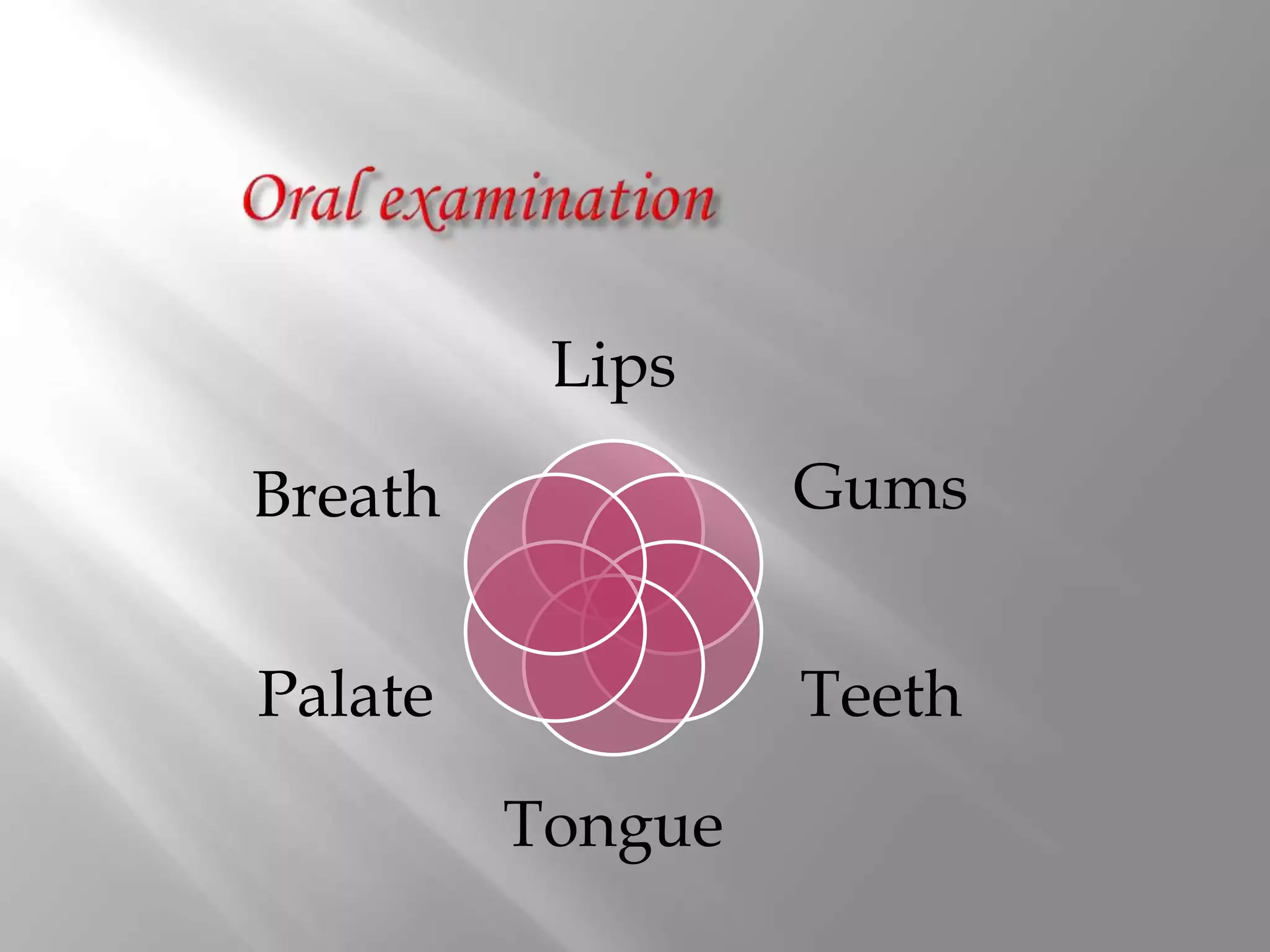 Lips
Gums
Teeth
Tongue
Palate
Breath
 