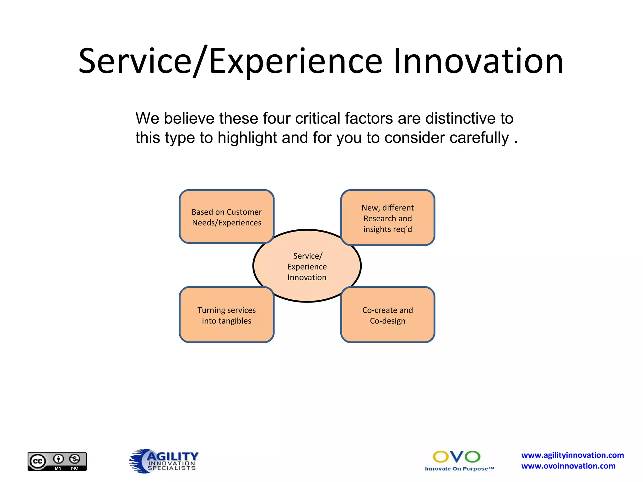 Service/Experience Innovation We believe these four critical factors are distinctive to this type to highlight and for you to consider carefully . Service/ Experience Innovation Turning services into tangibles Based on Customer Needs/Experiences New, different Research and insights req’d Co-create and Co-design 