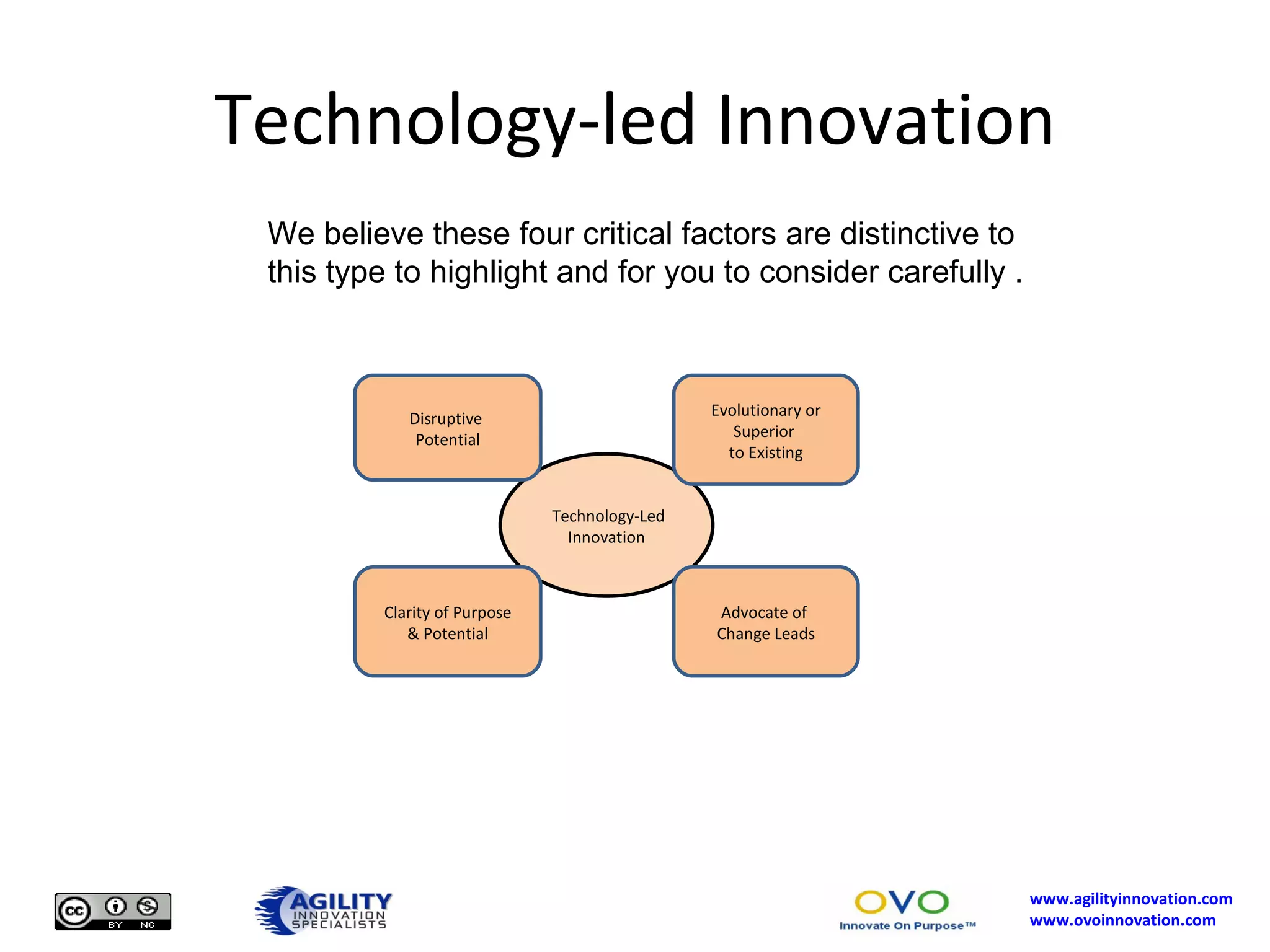 Technology-led Innovation We believe these four critical factors are distinctive to this type to highlight and for you to consider carefully . Technology-Led Innovation Clarity of Purpose & Potential Disruptive  Potential Evolutionary or Superior  to Existing Advocate of  Change Leads 