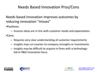 Needs Based Innovation Pros/Cons <ul><li>Needs based innovation improves outcomes by reducing innovation “misses” </li></u...