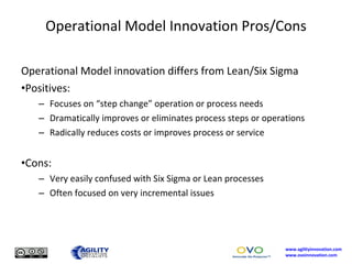 Operational Model Innovation Pros/Cons <ul><li>Operational Model innovation differs from Lean/Six Sigma </li></ul><ul><li>...