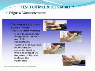 TEST FOR MCL & LCL STABILITY
 Valgus & Varus stress test-
 
