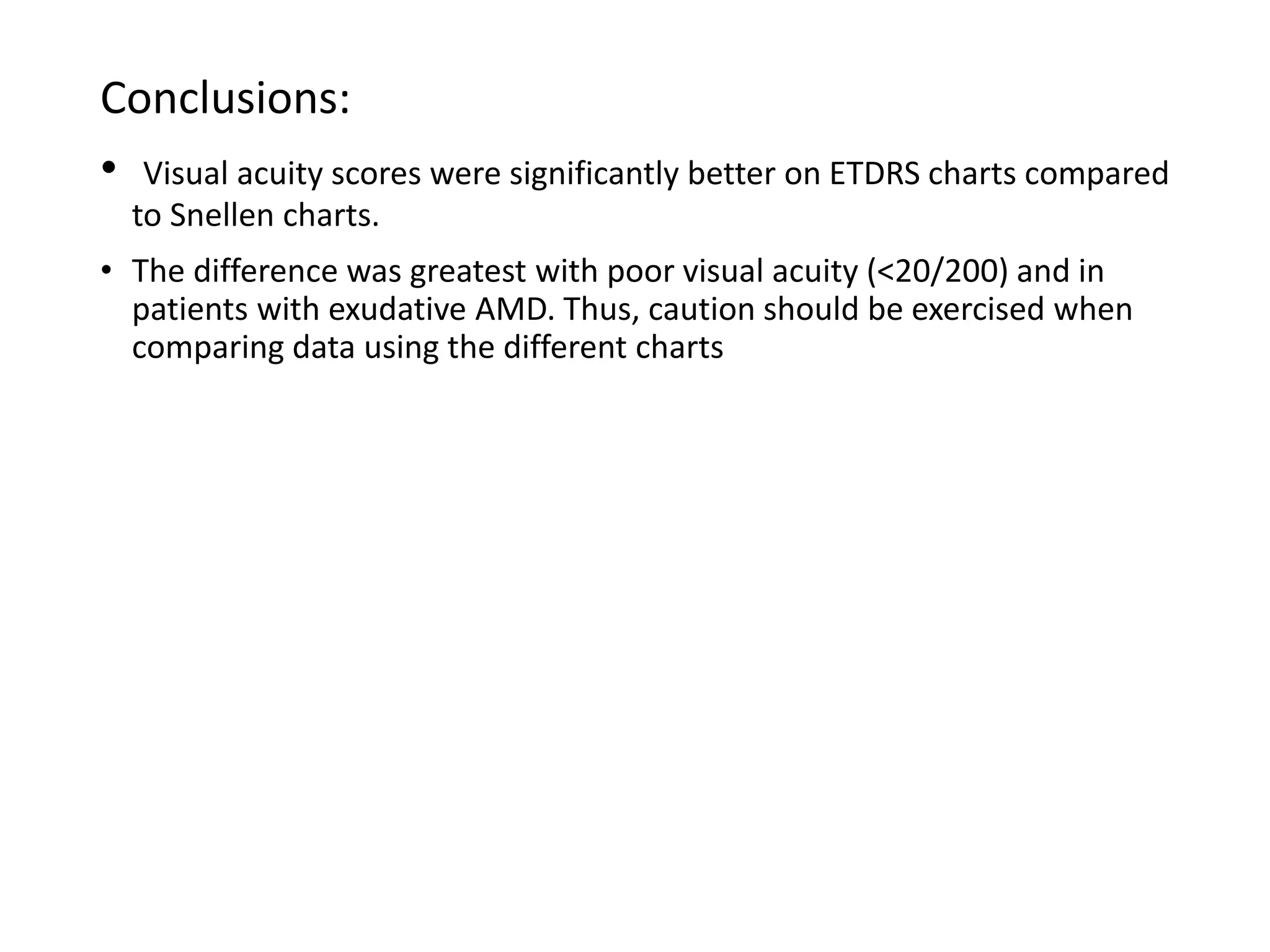 Conclusions:
• Visual acuity scores were significantly better on ETDRS charts compared
to Snellen charts.
• The difference was greatest with poor visual acuity (<20/200) and in
patients with exudative AMD. Thus, caution should be exercised when
comparing data using the different charts
 