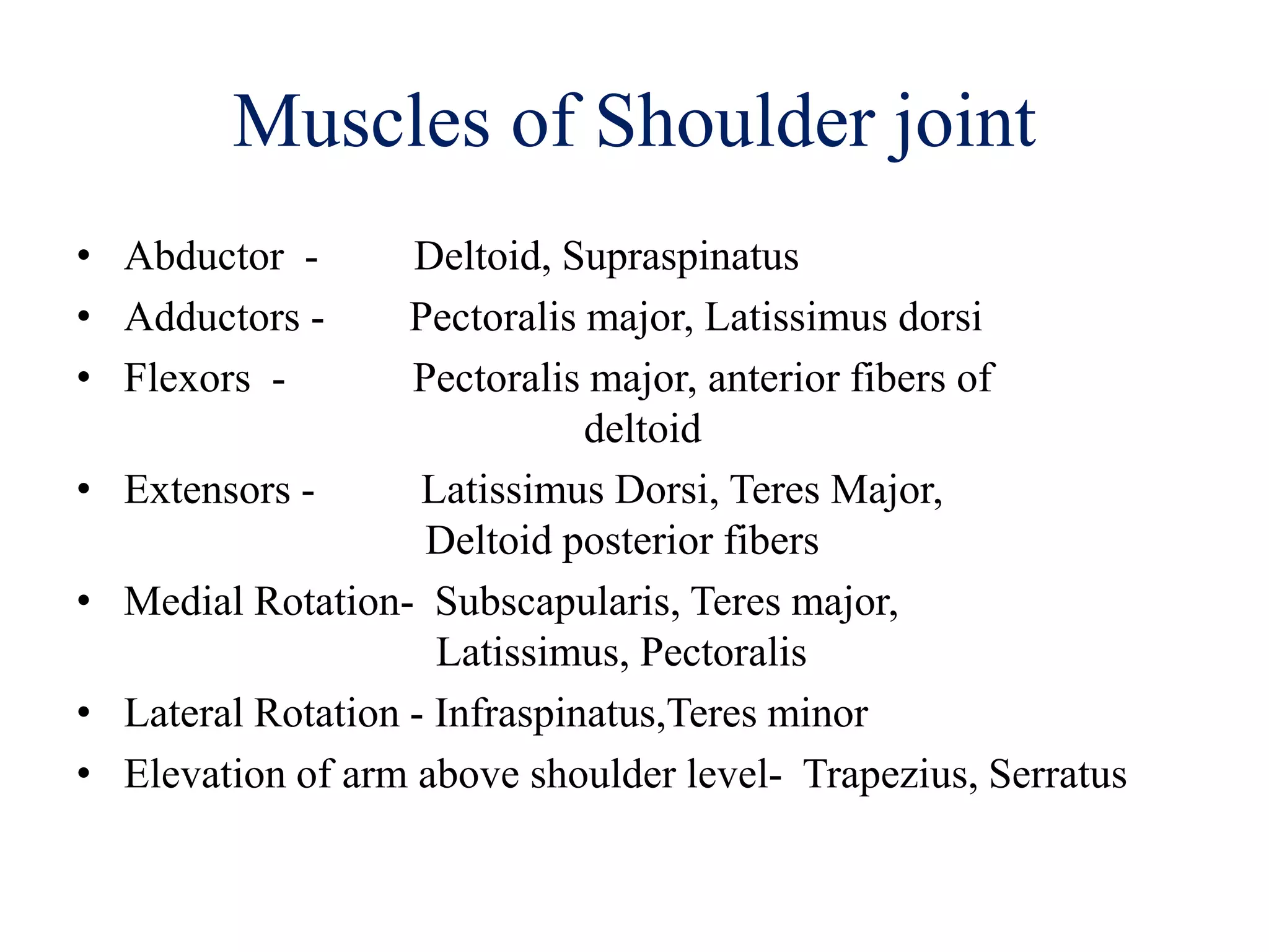 Muscles of Shoulder joint
• Abductor - Deltoid, Supraspinatus
• Adductors - Pectoralis major, Latissimus dorsi
• Flexors - Pectoralis major, anterior fibers of
deltoid
• Extensors - Latissimus Dorsi, Teres Major,
Deltoid posterior fibers
• Medial Rotation- Subscapularis, Teres major,
Latissimus, Pectoralis
• Lateral Rotation - Infraspinatus,Teres minor
• Elevation of arm above shoulder level- Trapezius, Serratus
 