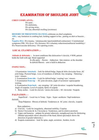  
 
Page1	
EXAMINATION OF SHOULDER JOINT
CHIEF COMPLAINTS;–
H/o pain ,
H/o deformity,
H/o giving away,
H/o any abnormal swelling (exostoses)
HISTORY OF PRESENTING ILLNESS;-eloborate on chief complaints
ADL;- any limitation in combing hair, holding support in bus , putting on shirt or brassire ,
etc
Negative H/o:- H/o trauma, / intramuscular injection(deltoid contracture) / Constitutional
symptoms.(TB) / H/o fever / H/o Seizures/ H/o voluntary reductions(multiaxial instability) /
H/o Neurovascular deficiency / H/o sporting events .
LOCAL EXAMINATION ;–
Attitude & deformity ;– In most conditions like dislocation # clavicle, # SOH, patient
holds the limb with opp. Hand supported
In elbs palsy – flexion – Adduction– Intn rotation- at the shoulder
In deltoid fibrosis – arm is held in abduction
INSPECTION;-
1.Examination Anteriorly – look for deltoid bulge, Supra & Infra clavicular fossa ,AC
joint bulge, Pectoral bulge , Loss of roundness of deltoid, Any stooping / flattening /
scars / sinuses .
2. Examination from side – Look for deltoid bulge / wasting/ scar / sinuses .
3 .Examination from top – AC joint elevation, angle of acromion/ suprascapular
wasting.
4. Examination from back – any stooping / AC joint elevation / scapular broadening,
Angle of scapular, Level of scapula, Spine of scapula
1. Bony arches – Look for clavicle / sterno clavicular ,/ AC clavicular / Scapula
PALPATION : -
Superficial: – Local rise in Temp. / hypo – hyper -aesthesia / Supl tenderness
(keloid)_
Deep Palpation –fibrosis of deltoid,/ Tenderness at AC joint,/ clavicle, /scapula
Bony palpation;–
a) Clavicle – Look for irregularity, abnormal mobility, Crepitus
b) Sterno Clavicular & Ac Clavicular jt. Tenderness, and its relative positions
c) Upper end humerus – palpate for greater tuberosity, metaphyseal area for thickening
(Medial epicondyle shows direction of the head, lateral epicondyle shows the
direction of greater tuberosity )
d) Scapula examination – look for spine, angle, acromion , borders, levels
 