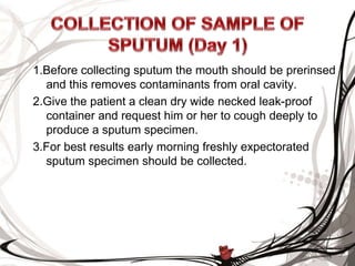 1.Before collecting sputum the mouth should be prerinsed
and this removes contaminants from oral cavity.
2.Give the patient a clean dry wide necked leak-proof
container and request him or her to cough deeply to
produce a sputum specimen.
3.For best results early morning freshly expectorated
sputum specimen should be collected.
 