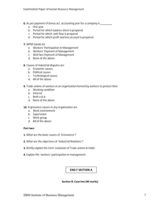 Examination paper human resource development & training and industrial ...