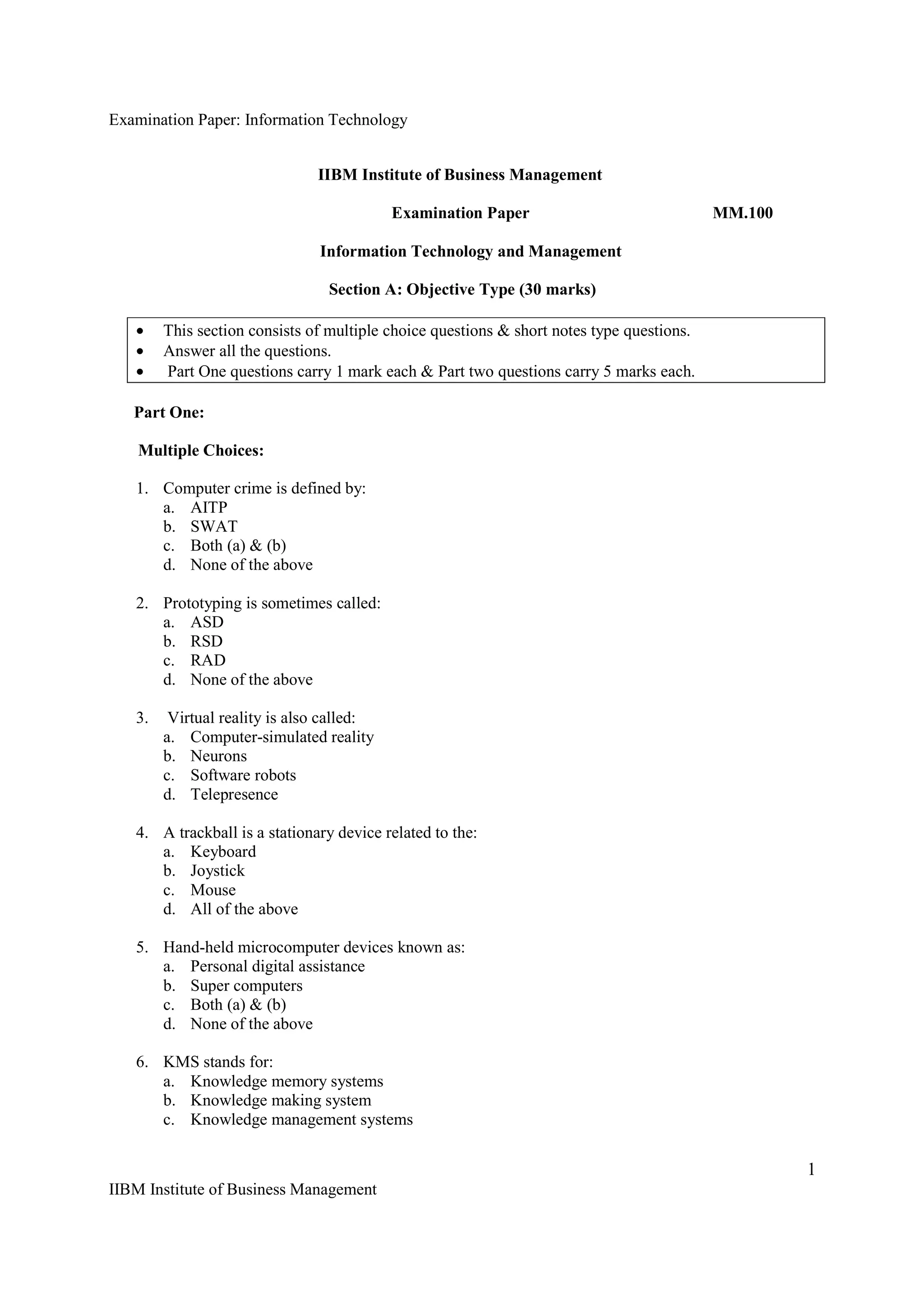 Examination paper information technology and management & data base ...