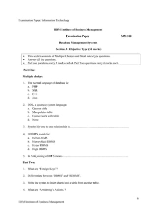 Examination paper information technology and management & data base ...