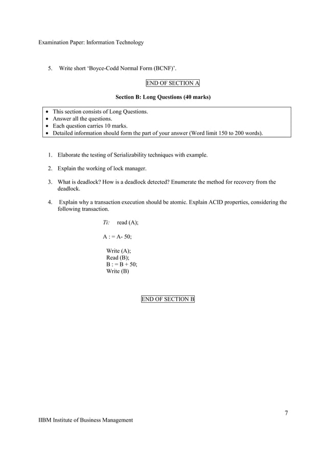 Examination paper information technology and management & data base ...