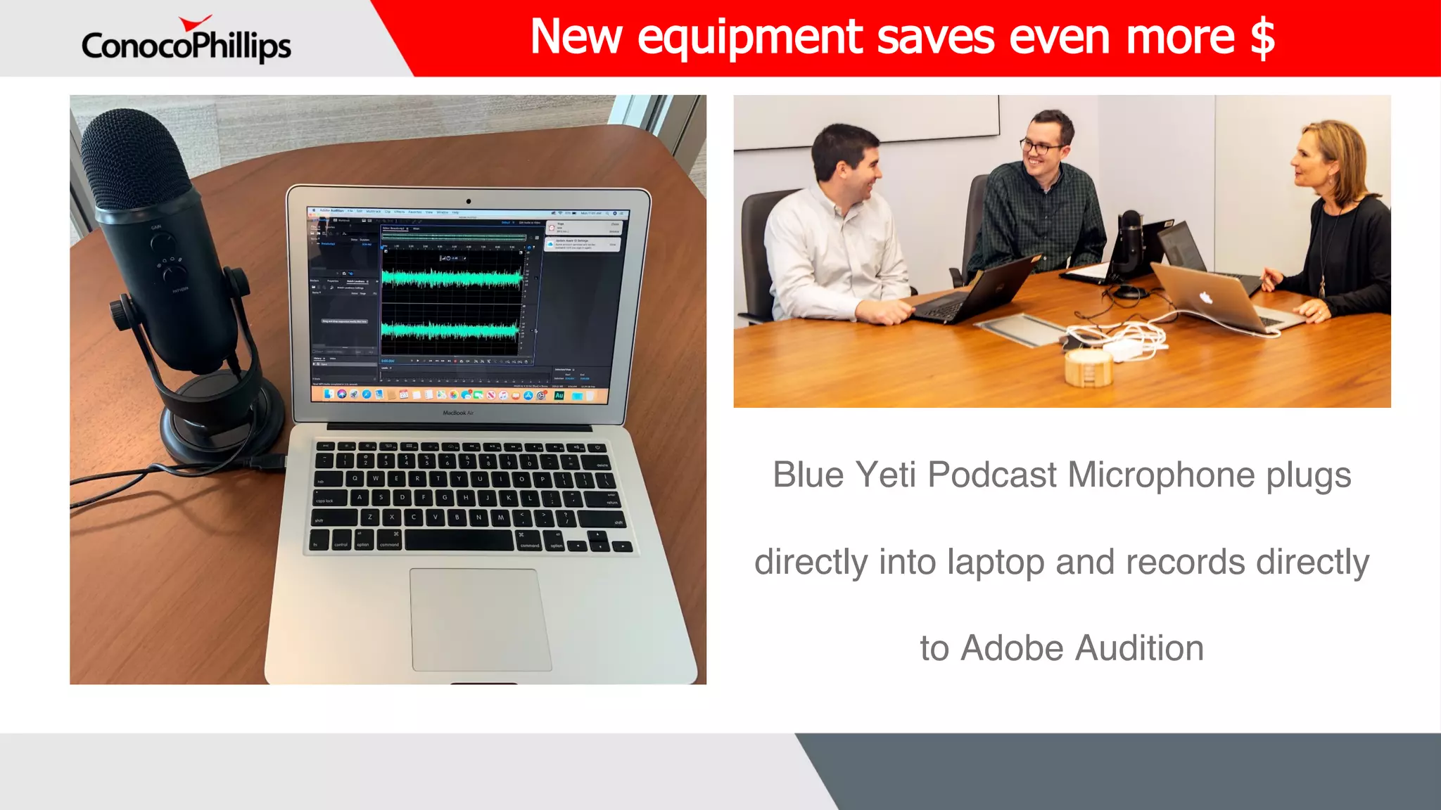 ADVOCAT
E
New equipment saves even more $
Blue Yeti Podcast Microphone plugs
directly into laptop and records directly
to Adobe Audition
 