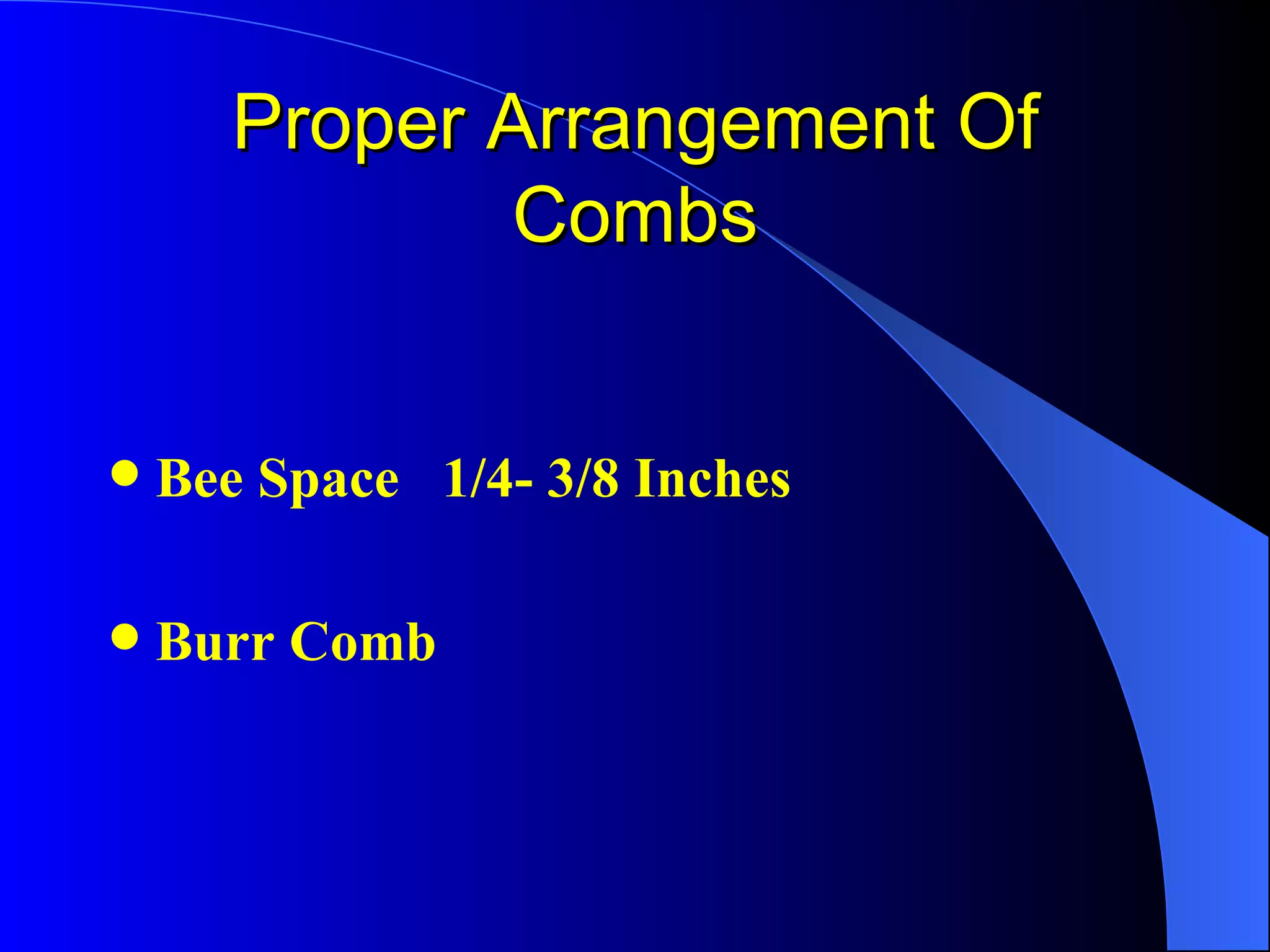 Proper Arrangement Of
             Combs


   Bee Space 1/4- 3/8 Inches

   Burr Comb
 