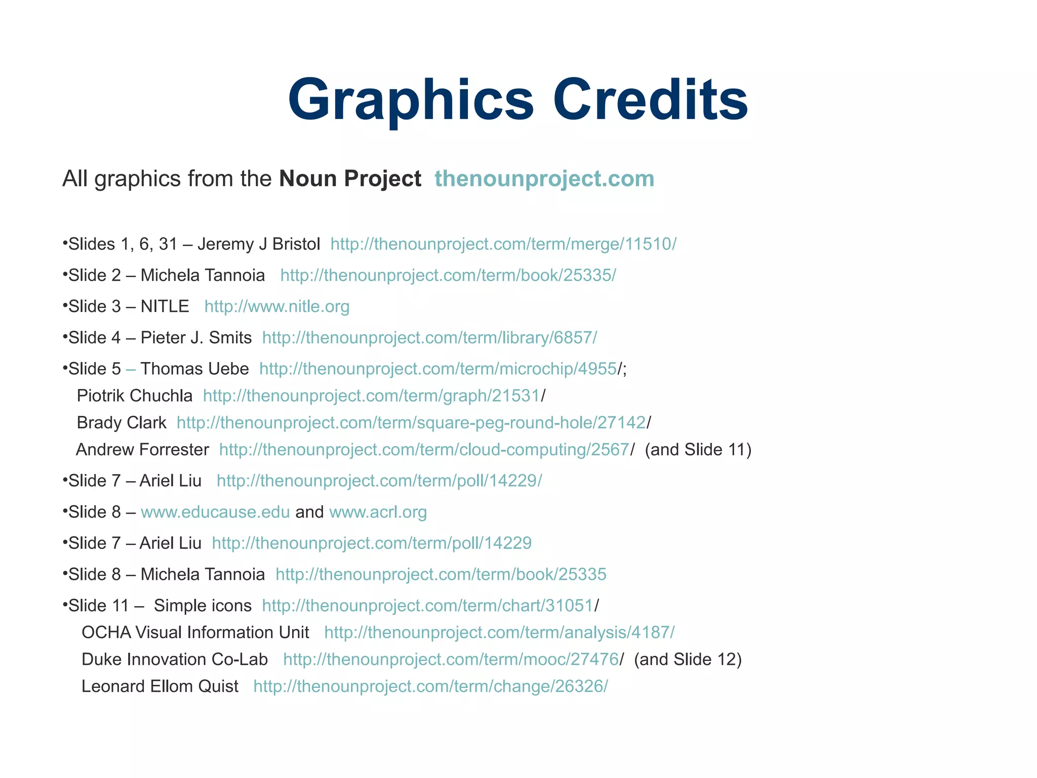 Graphics Credits
All graphics from the Noun Project thenounproject.com
•Slides 1, 6, 31 – Jeremy J Bristol http://thenounproject.com/term/merge/11510/
•Slide 2 – Michela Tannoia http://thenounproject.com/term/book/25335/
•Slide 3 – NITLE http://www.nitle.org
•Slide 4 – Pieter J. Smits http://thenounproject.com/term/library/6857/
•Slide 5 – Thomas Uebe http://thenounproject.com/term/microchip/4955/;
Piotrik Chuchla http://thenounproject.com/term/graph/21531/
Brady Clark http://thenounproject.com/term/square-peg-round-hole/27142/
Andrew Forrester http://thenounproject.com/term/cloud-computing/2567/ (and Slide 11)
•Slide 7 – Ariel Liu http://thenounproject.com/term/poll/14229/
•Slide 8 – www.educause.edu and www.acrl.org
•Slide 7 – Ariel Liu http://thenounproject.com/term/poll/14229
•Slide 8 – Michela Tannoia http://thenounproject.com/term/book/25335
•Slide 11 – Simple icons http://thenounproject.com/term/chart/31051/
OCHA Visual Information Unit http://thenounproject.com/term/analysis/4187/
Duke Innovation Co-Lab http://thenounproject.com/term/mooc/27476/ (and Slide 12)
Leonard Ellom Quist http://thenounproject.com/term/change/26326/
 