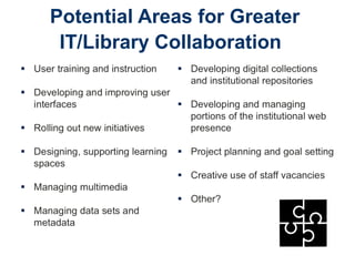 Potential Areas for Greater
IT/Library Collaboration
 