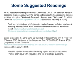 Some Suggested Readings
ACRL Research Planning and Review Committee (2012) “2012 top ten trends in
academic libraries: A review of the trends and issues affecting academic libraries
in higher education,” College & Research Libraries New, 73(6) (June): 311–320.
Online at: http://crln.acrl.org/content/73/6/311.full (accessed February 6, 2014)
Each trends includes a brief discussion and references to further reading. A
follow up Environmental Scan 2013 document was based on this trends
report. http://www.ala.org/acrl/sites/ala.org.acrl
/files/content/publications/whitepapers/EnvironmentalScan13.pdf
Susan Grajek and the 2012-2013 EDUCAUSE IT Issues Panel (2013) “Top-Ten
IT Issues, 2013: Welcome to the Connected Age,” EDUCAUSE Review, 48(3)
(May/June): 31–57. Online at:
http://www.educause.edu/ero/article/top-ten-it-issues-2013-welcome-connected-age
(accessed February 6, 2014)
Presents top-ten IT-related issues facing higher education institutions.
Frames each issue with discussion and set of strategic questions.
 
