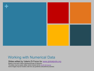 + 
Working with Numerical Data 
Slides edited by Valerio Di Fonzo for www.globalpolis.org 
Based on the work of Mine Çetinkaya-Rundel of OpenIntro 
The slides may be copied, edited, and/or shared via the CC BY-SA license 
Some images may be included under fair use guidelines (educational purposes) 
 
