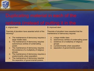 Duplicating material in each of the
options (instead of putting it in the
stem)
A. original stem
Theorists of pluralism have asserted which of the
following?
a. The maintenance of democracy requires a
large middle class.
b. The maintenance of democracy requires
autonomous centres of contervailing
power.
c. The maintenance of democracy requires
the existence of a multiplicity of religious
groups.
d. The maintenance of democracy requires a
predominantly urban population.
e. The maintenance of democracy requires
the separation of governmental powers.
B. improved stem
Theorists of pluralism have asserted that the
maintenance of democracy requires
a. a large middle class
b. autonomous centres of contervailing power
c. existence of a multiplicity of religious
groups
d. a predominantly urban population
e. separation of governmental powers
 