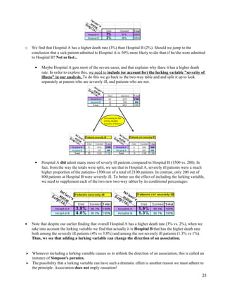 o We find that Hospital A has a higher death rate (3%) than Hospital B (2%). Should we jump to the
conclusion that a sick patient admitted to Hospital A is 50% more likely to die than if he/she were admitted
to Hospital B? Not so fast...
• Maybe Hospital A gets most of the severe cases, and that explains why there it has a higher death
rate. In order to explore this, we need to include (or account for) the lurking variable "severity of
illness" in our analysis. To do this we go back to the two-way table and and split it up to look
separately at patents who are severely ill, and patients who are not.
• Hospital A did admit many more of severly ill patients compared to Hospital B (1500 vs. 200). In
fact, from the way the totals were split, we see that in Hospital A, severely ill patients were a much
higher proportion of the patients--1500 out of a total of 2100 patients. In contrast, only 200 out of
800 patients at Hospital B were severely ill. To better see the effect of including the lurking variable,
we need to supplement each of the two new two-way tables by its conditional percentages:
• Note that despite our earlier finding that overall Hospital A has a higher death rate (3% vs. 2%), when we
take into account the lurking variable we find that actually it is Hospital B that has the higher death rate
both among the severely ill patients (4% vs 3.8%) and among the not severely ill patients (1.3% vs 1%).
Thus, we see that adding a lurking variable can change the direction of an association.
 Whenever including a lurking variable causes us to rethink the direction of an association, this is called an
instance of Simpson's paradox.
 The possibility that a lurking variable can have such a dramatic effect is another reason we must adhere to
the principle: Association does not imply causation!
25
 