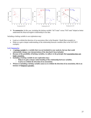  To summarize: In this case, including the lurking variable "ACT state" versus "SAT state" helped us better
understand the observed negative relationship in our data.
Including a lurking variable in our exploration may:
• Lead us to rethink the direction of an association (like in the Hospital - Death Rate example) or,
• Help us to gain a deeper understanding of the relationship between variables (like in the SAT/ACT
example).
Let's Summarize
• A lurking variable is a variable that was not included in your analysis, but one that could
substantially change your interpretation of the data had it been included.
• Because of the possibility of lurking variables, we adhere to the principle that association does not
imply causation.
• Including a lurking variable in our exploration may:
o Help us to gain a deeper understanding of the relationship between variables.
o Lead us to rethink the direction of an association.
• Whenever including a lurking variable causes us to rethink the direction of an association, this is an
instance of Simpson's paradox.
27
 