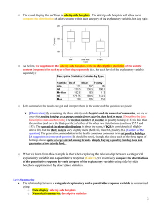 o The visual display that we'll use is side-by-side boxplots. The side-by-side boxplots will allow us to
compare the distribution of calorie counts within each category of the explanatory variable, hot dog type:
o As before, we supplement the side-by-side boxplots with the descriptive statistics of the calorie
content (response) for each type of hot dog separately (i.e., for each level of the explanatory variable
separately):
o Let's summarize the results we got and interpret them in the context of the question we posed:
 [Observation] By examining the three side-by-side boxplots and the numerical summaries, we see at
once that poultry hotdogs as a group contain fewer calories than beef or meat. [Describes the data:
Descriptive stats and boxpolts] The median number of calories in poultry hotdogs (113) is less than
the median (and even the first quartile) of either of the other two distributions (medians 152.5 and
153). The spread of the three distributions is about the same, if IQR is considered (all slightly
above 40), but the (full) ranges vary slightly more (beef: 80, meat:88, poultry 66). [Context of the
question] The general recommendation to the health conscious consumer is to eat poultry hotdogs.
[A suggestion in context of question] It should be noted, though, that since each of the three types of
hotdogs shows quite a large spread among brands, simply buying a poultry hotdog does not
guarantee a low calorie food.
o What we learn from this example is that when exploring the relationship between a categorical
explanatory variable and a quantitative response (Case I), we essentially compare the distributions
of the quantitative response for each category of the explanatory variable using side-by-side
boxplots supplemented by descriptive statistics.
Let's Summarize
• The relationship between a categorical explanatory and a quantitative response variable is summarized
using:
o Data display: side-by-side boxplots
o Numerical summaries: descriptive statistics
3
 