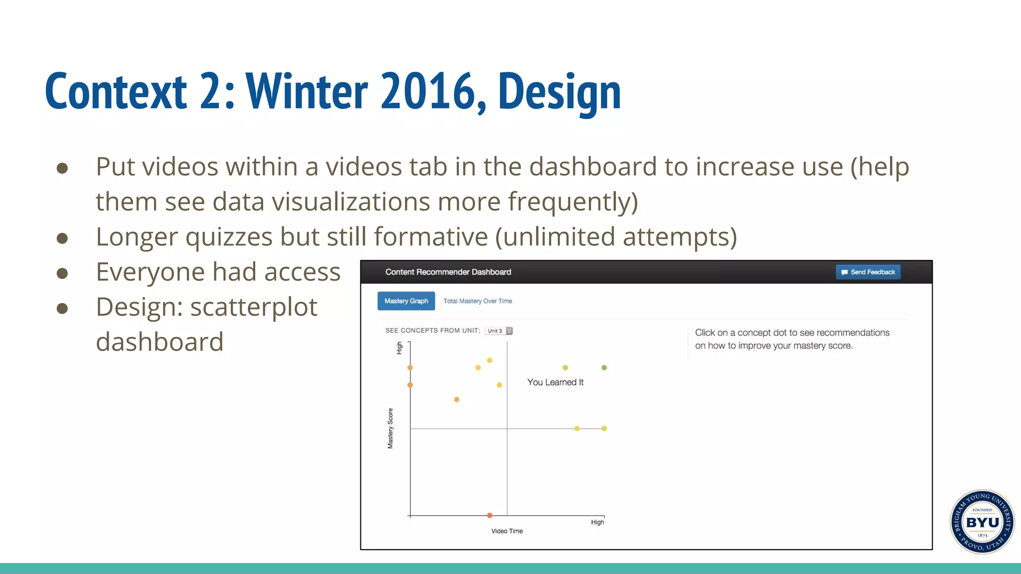 Context 2: Winter 2016, Design
● Put videos within a videos tab in the dashboard to increase use (help
them see data visualizations more frequently)
● Longer quizzes but still formative (unlimited attempts)
● Everyone had access
● Design: scatterplot
dashboard
 