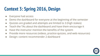 Context 3: Spring 2016, Design
● Everyone had access
● Demo the dashboard for everyone at the beginning of the semester
● ...