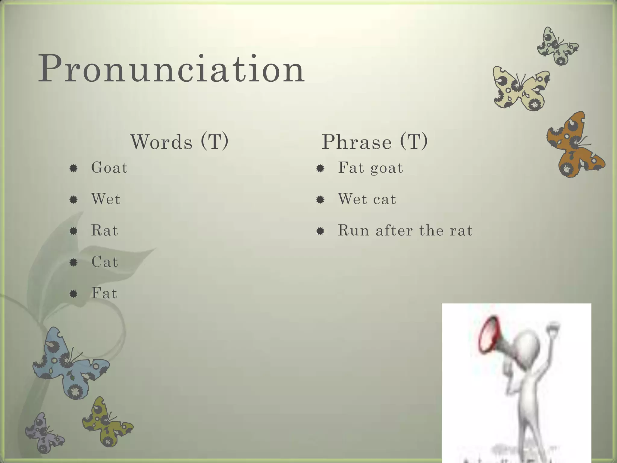 Pronunciation
            Words (T)   Phrase (T)
    Goat                  Fat goat

    Wet                   Wet cat

    Rat                   Run after the rat

    Cat

    Fat
 