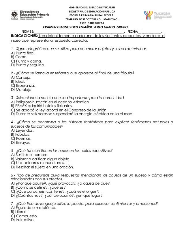 Examne Diagnostico 6º 2017 2018