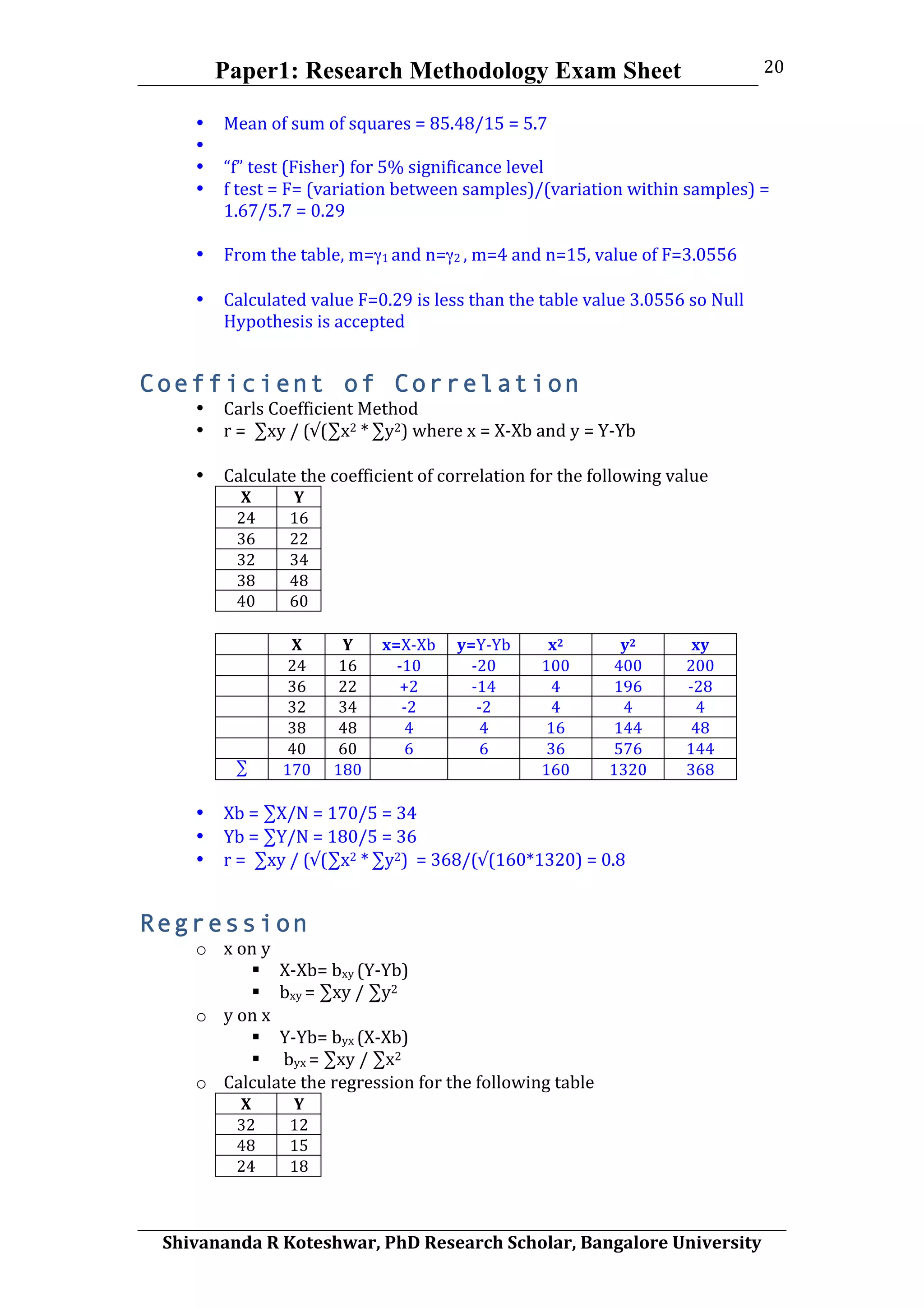 Paper1: Research Methodology Exam Sheet
	
  
Shivananda	
  R	
  Koteshwar,	
  PhD	
  Research	
  Scholar,	
  Bangalore	
  University	
  
20	
  
• Mean	
  of	
  sum	
  of	
  squares	
  =	
  85.48/15	
  =	
  5.7	
  
• 	
  
• “f”	
  test	
  (Fisher)	
  for	
  5%	
  significance	
  level	
  
• f	
  test	
  =	
  F=	
  (variation	
  between	
  samples)/(variation	
  within	
  samples)	
  =	
  
1.67/5.7	
  =	
  0.29	
  
	
  
• From	
  the	
  table,	
  m=γ1	
  and	
  n=γ2	
  ,	
  m=4	
  and	
  n=15,	
  value	
  of	
  F=3.0556	
  
	
  
• Calculated	
  value	
  F=0.29	
  is	
  less	
  than	
  the	
  table	
  value	
  3.0556	
  so	
  Null	
  
Hypothesis	
  is	
  accepted	
  
Coefficient of Correlation
• Carls	
  Coefficient	
  Method	
  
• r	
  =	
  	
  ∑xy	
  /	
  (√(∑x2	
  *	
  ∑y2)	
  where	
  x	
  =	
  X-­‐Xb	
  and	
  y	
  =	
  Y-­‐Yb	
  
	
  
• Calculate	
  the	
  coefficient	
  of	
  correlation	
  for	
  the	
  following	
  value	
  
X	
   Y	
  
24	
   16	
  
36	
   22	
  
32	
   34	
  
38	
   48	
  
40	
   60	
  
	
  
	
   X	
   Y	
   x=X-­‐Xb	
  	
   y=Y-­‐Yb	
  	
   x2	
   y2	
   xy	
  
	
   24	
   16	
   -­‐10	
   -­‐20	
   100	
   400	
   200	
  
	
   36	
   22	
   +2	
   -­‐14	
   4	
   196	
   -­‐28	
  
	
   32	
   34	
   -­‐2	
   -­‐2	
   4	
   4	
   4	
  
	
   38	
   48	
   4	
   4	
   16	
   144	
   48	
  
	
   40	
   60	
   6	
   6	
   36	
   576	
   144	
  
∑	
   170	
   180	
   	
   	
   160	
   1320	
   368	
  
	
  
• Xb	
  =	
  ∑X/N	
  =	
  170/5	
  =	
  34	
  
• Yb	
  =	
  ∑Y/N	
  =	
  180/5	
  =	
  36	
  
• r	
  =	
  	
  ∑xy	
  /	
  (√(∑x2	
  *	
  ∑y2)	
  	
  =	
  368/(√(160*1320)	
  =	
  0.8	
  
Regression
o x	
  on	
  y	
  
 X-­‐Xb=	
  bxy	
  (Y-­‐Yb)	
  
 bxy	
  =	
  ∑xy	
  /	
  ∑y2	
  	
  
o y	
  on	
  x	
  
 Y-­‐Yb=	
  byx	
  (X-­‐Xb)	
  
 	
  byx	
  =	
  ∑xy	
  /	
  ∑x2	
  	
  
o Calculate	
  the	
  regression	
  for	
  the	
  following	
  table	
  	
  
X	
   Y	
  
32	
   12	
  
48	
   15	
  
24	
   18	
  
 