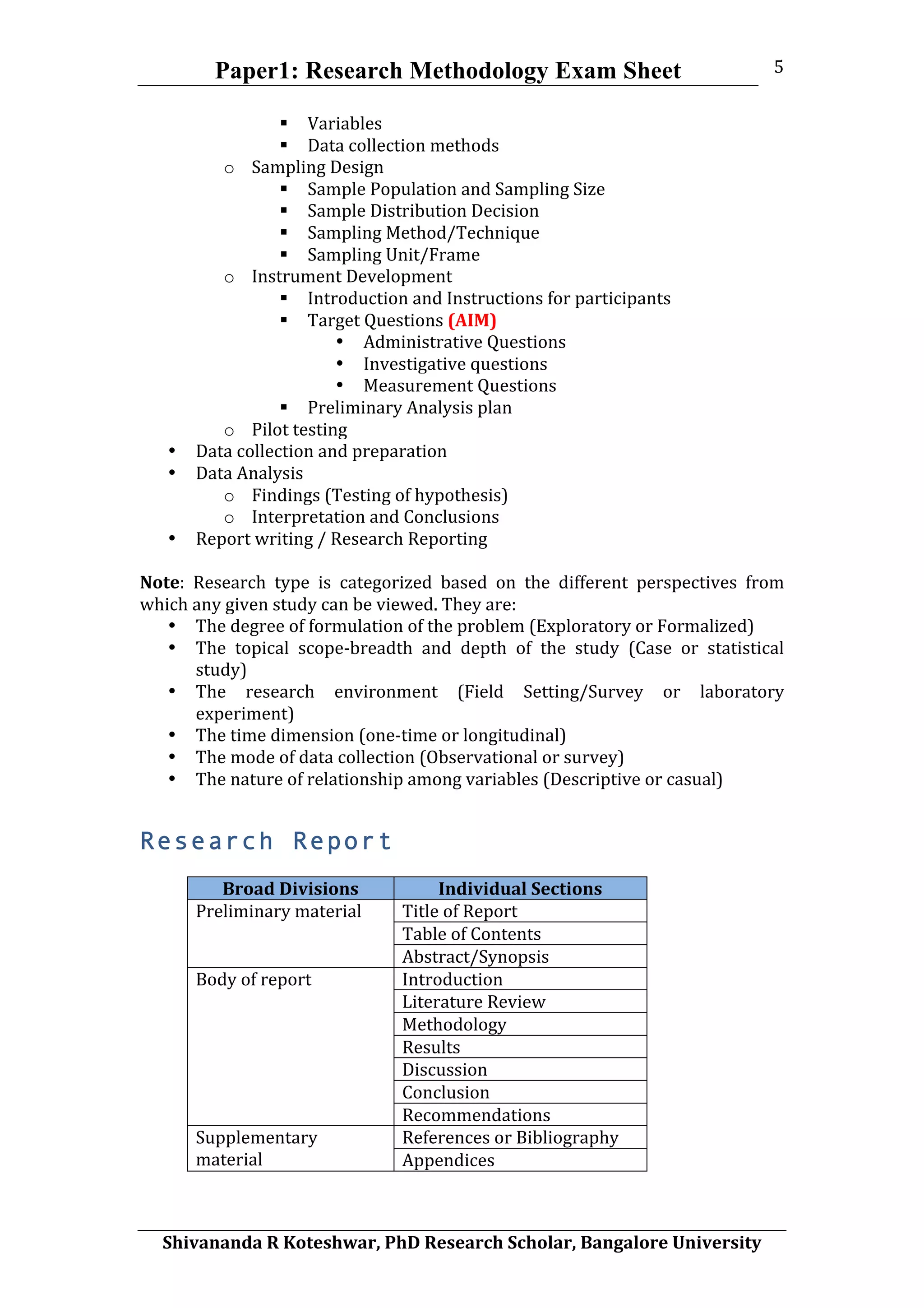 Paper1: Research Methodology Exam Sheet
	
  
Shivananda	
  R	
  Koteshwar,	
  PhD	
  Research	
  Scholar,	
  Bangalore	
  University	
  
5	
  
 Variables	
  
 Data	
  collection	
  methods	
  
o Sampling	
  Design	
  
 Sample	
  Population	
  and	
  Sampling	
  Size	
  
 Sample	
  Distribution	
  Decision	
  
 Sampling	
  Method/Technique	
  
 Sampling	
  Unit/Frame	
  
o Instrument	
  Development	
  
 Introduction	
  and	
  Instructions	
  for	
  participants	
  
 Target	
  Questions	
  (AIM)	
  
• Administrative	
  Questions	
  
• Investigative	
  questions	
  
• Measurement	
  Questions	
  
 Preliminary	
  Analysis	
  plan	
  
o Pilot	
  testing	
  
• Data	
  collection	
  and	
  preparation	
  
• Data	
  Analysis	
  	
  
o Findings	
  (Testing	
  of	
  hypothesis)	
  
o Interpretation	
  and	
  Conclusions	
  
• Report	
  writing	
  /	
  Research	
  Reporting	
  
	
  
Note:	
   Research	
   type	
   is	
   categorized	
   based	
   on	
   the	
   different	
   perspectives	
   from	
  
which	
  any	
  given	
  study	
  can	
  be	
  viewed.	
  They	
  are:	
  
• The	
  degree	
  of	
  formulation	
  of	
  the	
  problem	
  (Exploratory	
  or	
  Formalized)	
  
• The	
   topical	
   scope-­‐breadth	
   and	
   depth	
   of	
   the	
   study	
   (Case	
   or	
   statistical	
  
study)	
  
• The	
   research	
   environment	
   (Field	
   Setting/Survey	
   or	
   laboratory	
  
experiment)	
  
• The	
  time	
  dimension	
  (one-­‐time	
  or	
  longitudinal)	
  
• The	
  mode	
  of	
  data	
  collection	
  (Observational	
  or	
  survey)	
  
• The	
  nature	
  of	
  relationship	
  among	
  variables	
  (Descriptive	
  or	
  casual)	
  
Research Report
	
  
Broad	
  Divisions	
   Individual	
  Sections	
  
Title	
  of	
  Report	
  
Table	
  of	
  Contents	
  	
  
Preliminary	
  material	
  
Abstract/Synopsis	
  
Introduction	
  
Literature	
  Review	
  
Methodology	
  
Results	
  
Discussion	
  
Conclusion	
  
Body	
  of	
  report	
  
Recommendations	
  
References	
  or	
  Bibliography	
  Supplementary	
  
material	
   Appendices	
  
 