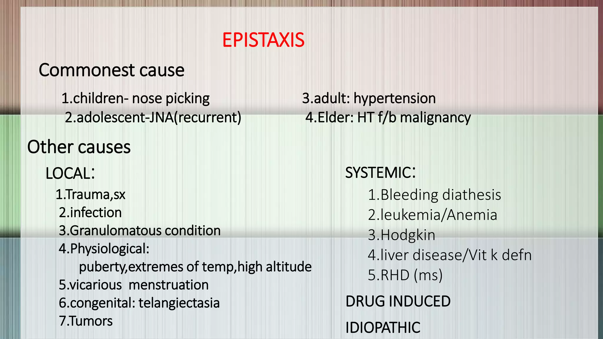 EPISTAXIS
Commonest cause
1.children- nose picking 3.adult: hypertension
2.adolescent-JNA(recurrent) 4.Elder: HT f/b malignancy
Other causes
LOCAL:
1.Trauma,sx
2.infection
3.Granulomatous condition
4.Physiological:
puberty,extremes of temp,high altitude
5.vicarious menstruation
6.congenital: telangiectasia
7.Tumors
SYSTEMIC:
1.Bleeding diathesis
2.leukemia/Anemia
3.Hodgkin
4.liver disease/Vit k defn
5.RHD (ms)
DRUG INDUCED
IDIOPATHIC
 