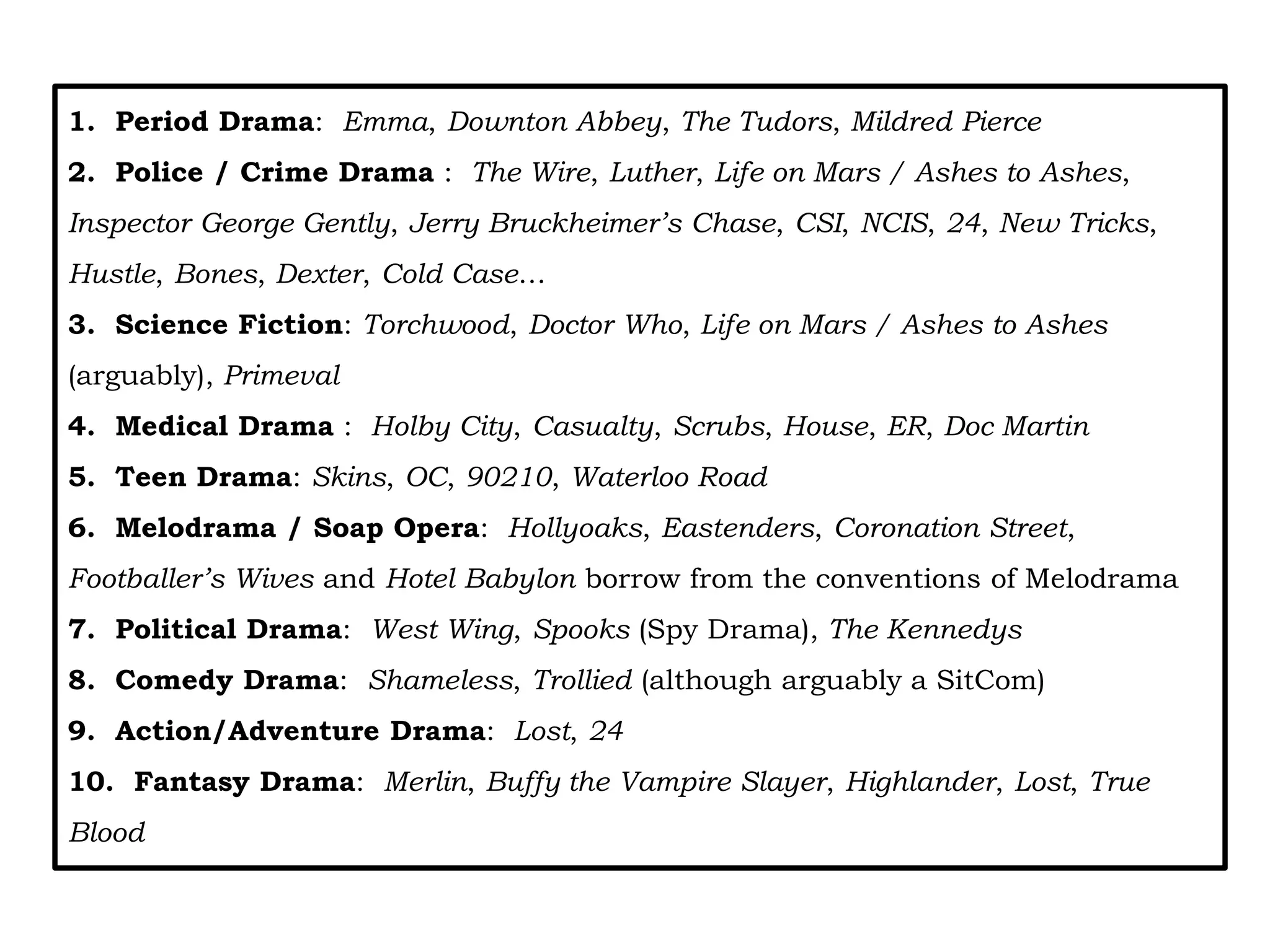 1. Period Drama: Emma, Downton Abbey, The Tudors, Mildred Pierce
2. Police / Crime Drama : The Wire, Luther, Life on Mars / Ashes to Ashes,
Inspector George Gently, Jerry Bruckheimer’s Chase, CSI, NCIS, 24, New Tricks,
Hustle, Bones, Dexter, Cold Case…
3. Science Fiction: Torchwood, Doctor Who, Life on Mars / Ashes to Ashes
(arguably), Primeval
4. Medical Drama : Holby City, Casualty, Scrubs, House, ER, Doc Martin

5. Teen Drama: Skins, OC, 90210, Waterloo Road
6. Melodrama / Soap Opera: Hollyoaks, Eastenders, Coronation Street,
Footballer’s Wives and Hotel Babylon borrow from the conventions of Melodrama
7. Political Drama: West Wing, Spooks (Spy Drama), The Kennedys

8. Comedy Drama: Shameless, Trollied (although arguably a SitCom)
9. Action/Adventure Drama: Lost, 24
10. Fantasy Drama: Merlin, Buffy the Vampire Slayer, Highlander, Lost, True
Blood

 