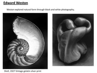 Edward Weston
  Weston explored natural form through black and white photography.




Shell, 1927 Vintage gelatin silver print
 