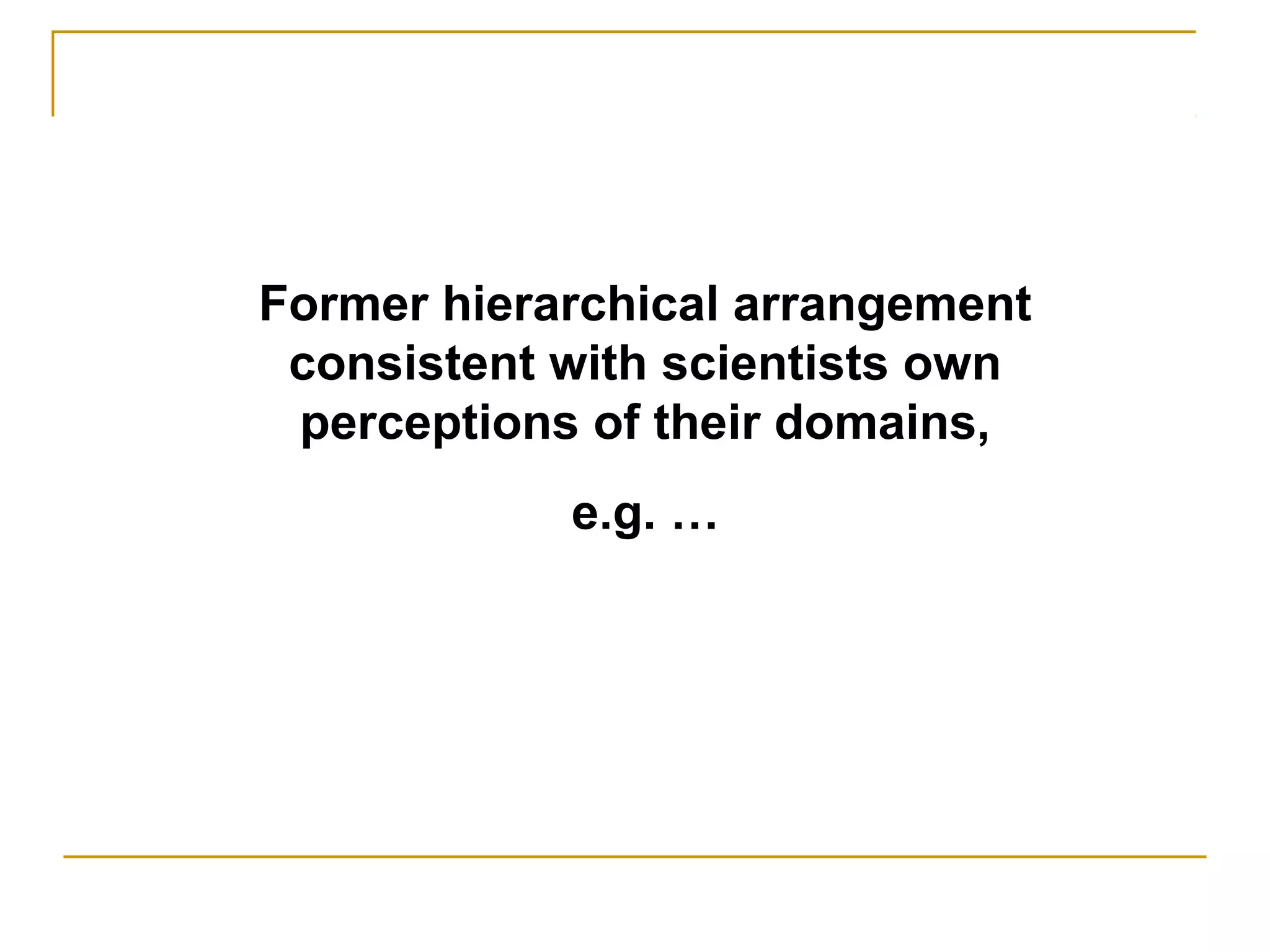 Former hierarchical arrangement
 consistent with scientists own
 perceptions of their domains,
            e.g. …
 